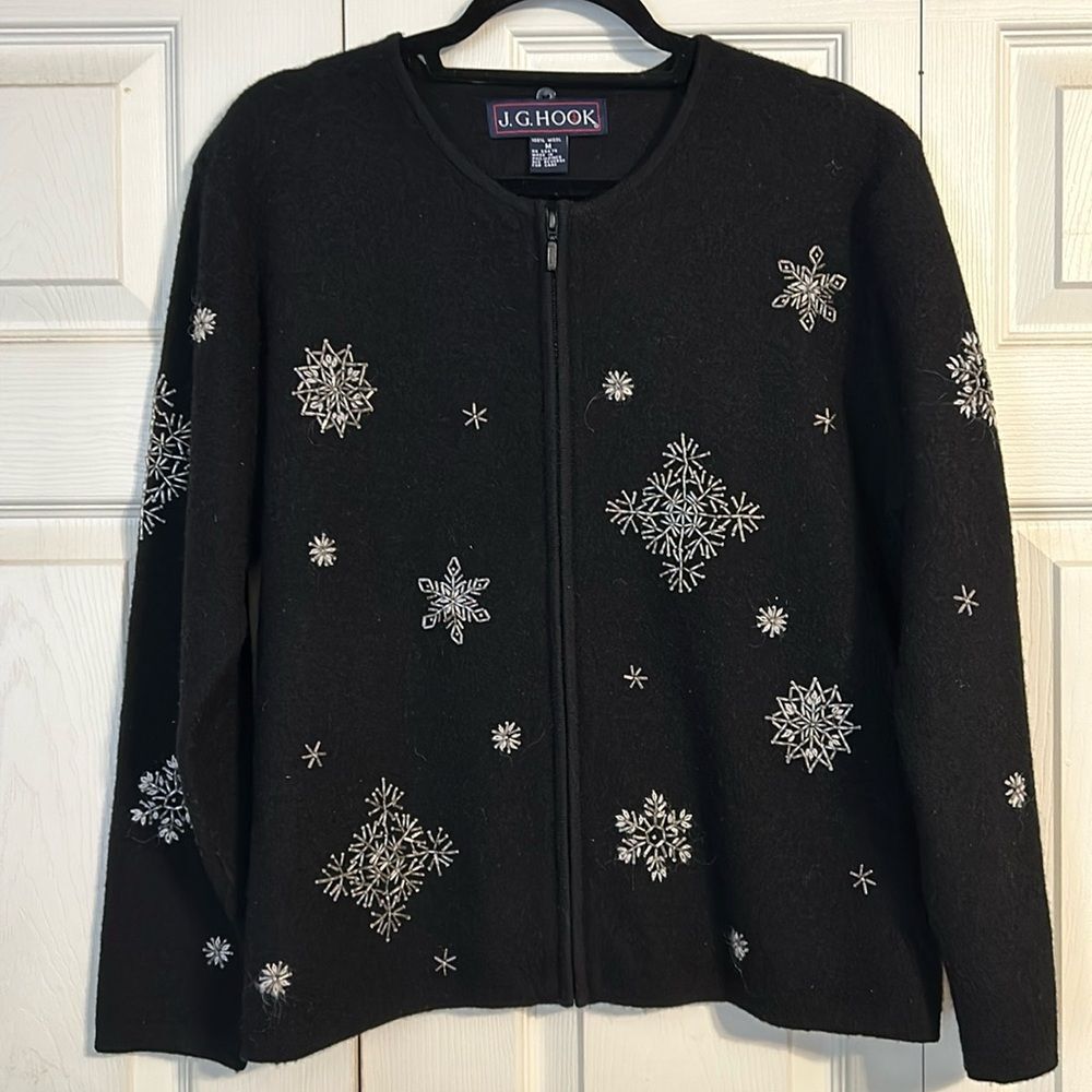 J.G. HOOK Size Medium Wool Black Cardigan Sweater Zip Up Beaded Embroidered